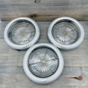 Vintage 3 Hammered Aluminum Silver Tone Rimmed Starburst Glass Coaster Set MCM